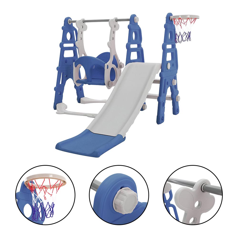 Garden Sanctuary blue and pink kids toddler swing and slide set with basketball hoop, colorful outdoor activity toy for children.