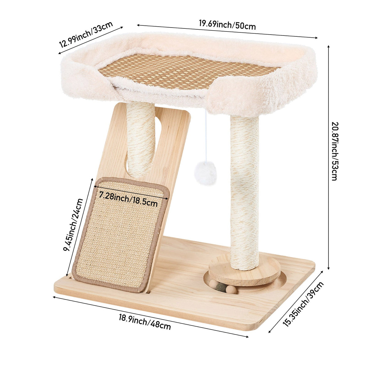 Garden Sanctuary cat tree with scratching posts and a hanging toy, providing a fun and engaging climbing and scratching space for cats.
