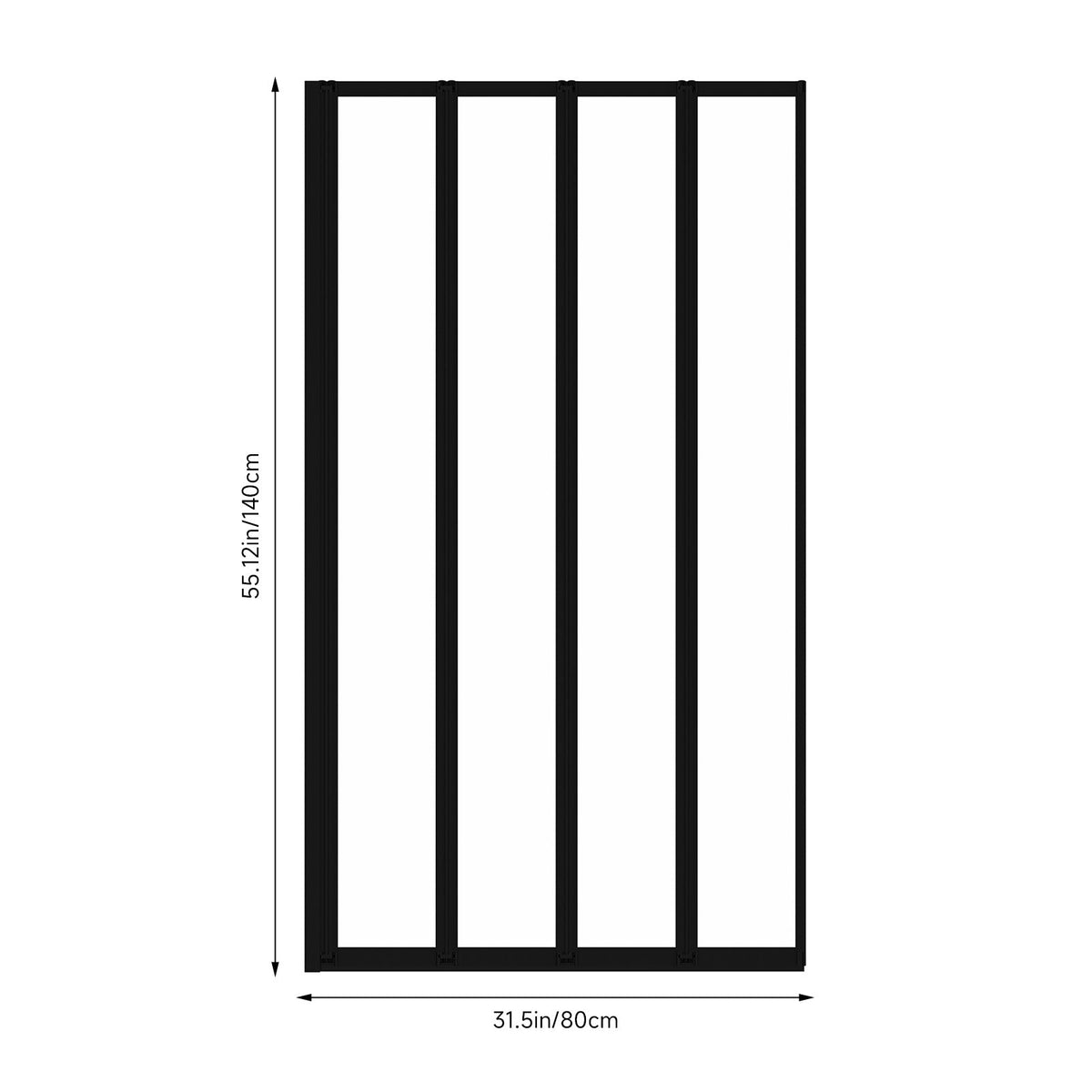 Four-panel folding over bath shower screen by Garden Sanctuary, clear glass panels with chrome hinges for modern bathroom use.
