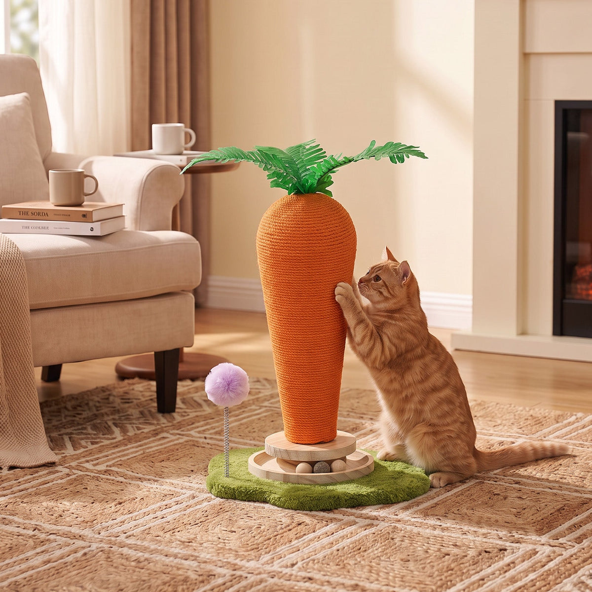 Garden Sanctuary carrot-shaped cat litter box with built-in scratching post and turntable toy for feline entertainment and comfort.