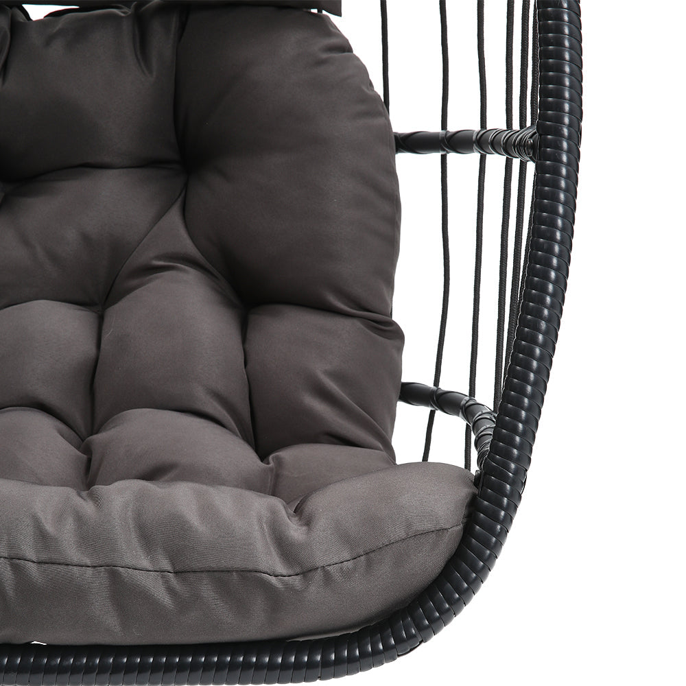 Garden Sanctuary outdoor hanging egg-shaped chair for outdoor relaxation, featuring a cozy, egg-shaped design with a sturdy frame.