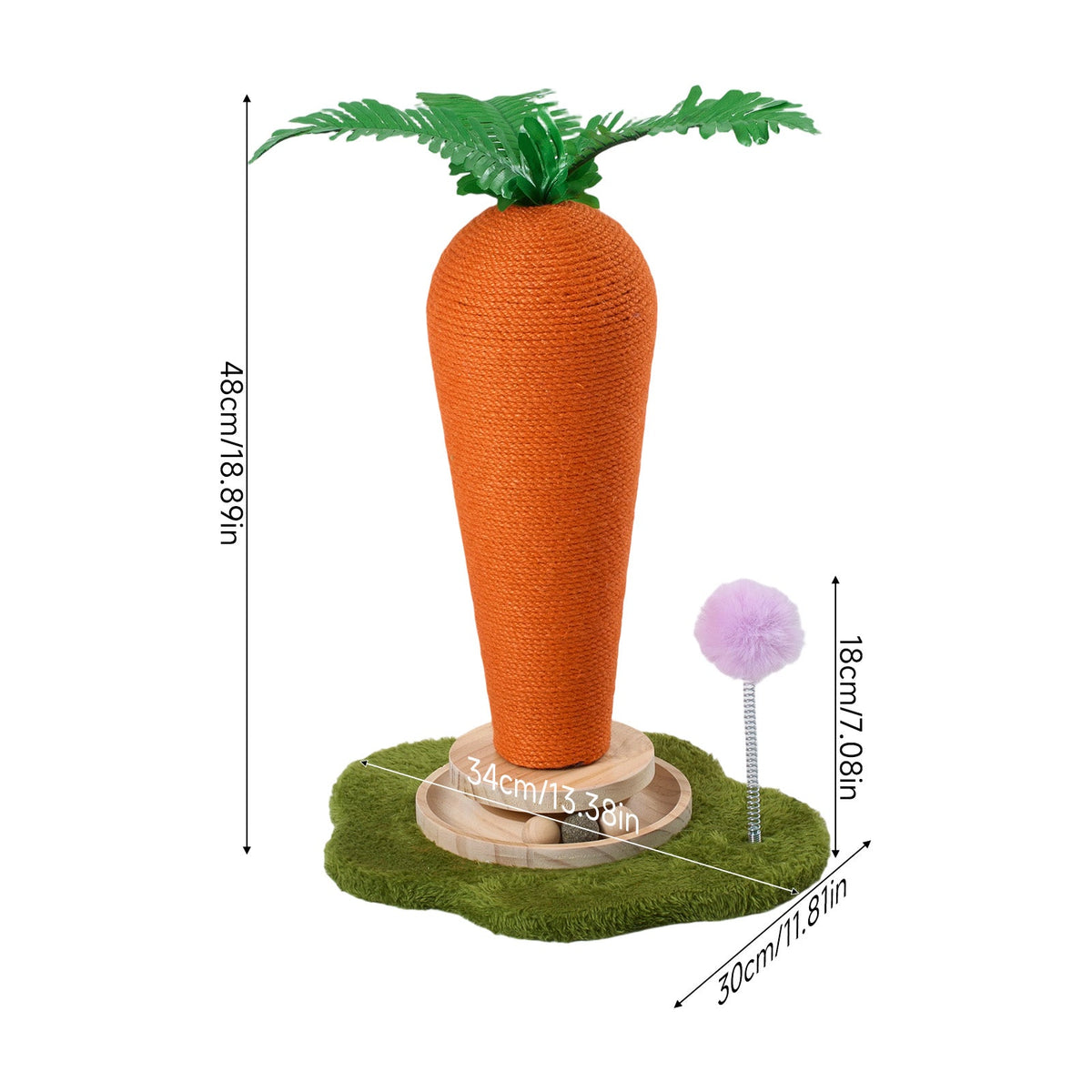 Garden Sanctuary carrot-shaped cat scratching post with turntable toy for cats, designed for entertainment and scratching.