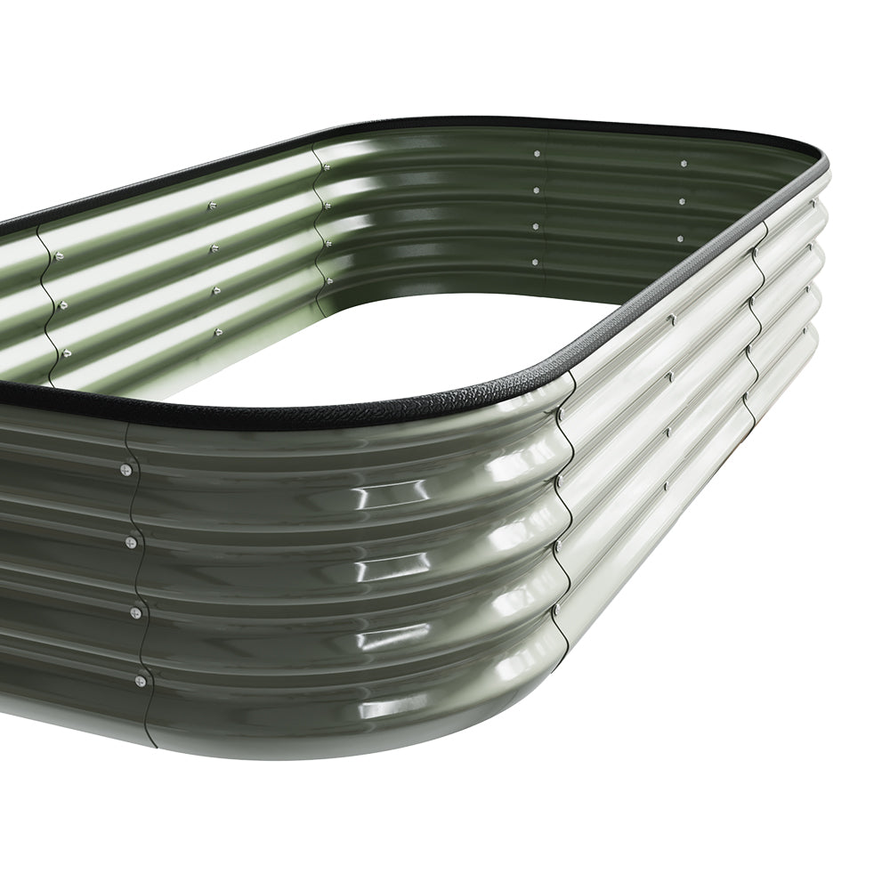 Galvanized steel raised garden bed by Garden Sanctuary for outdoor gardening and storage, with a sturdy rectangular design.