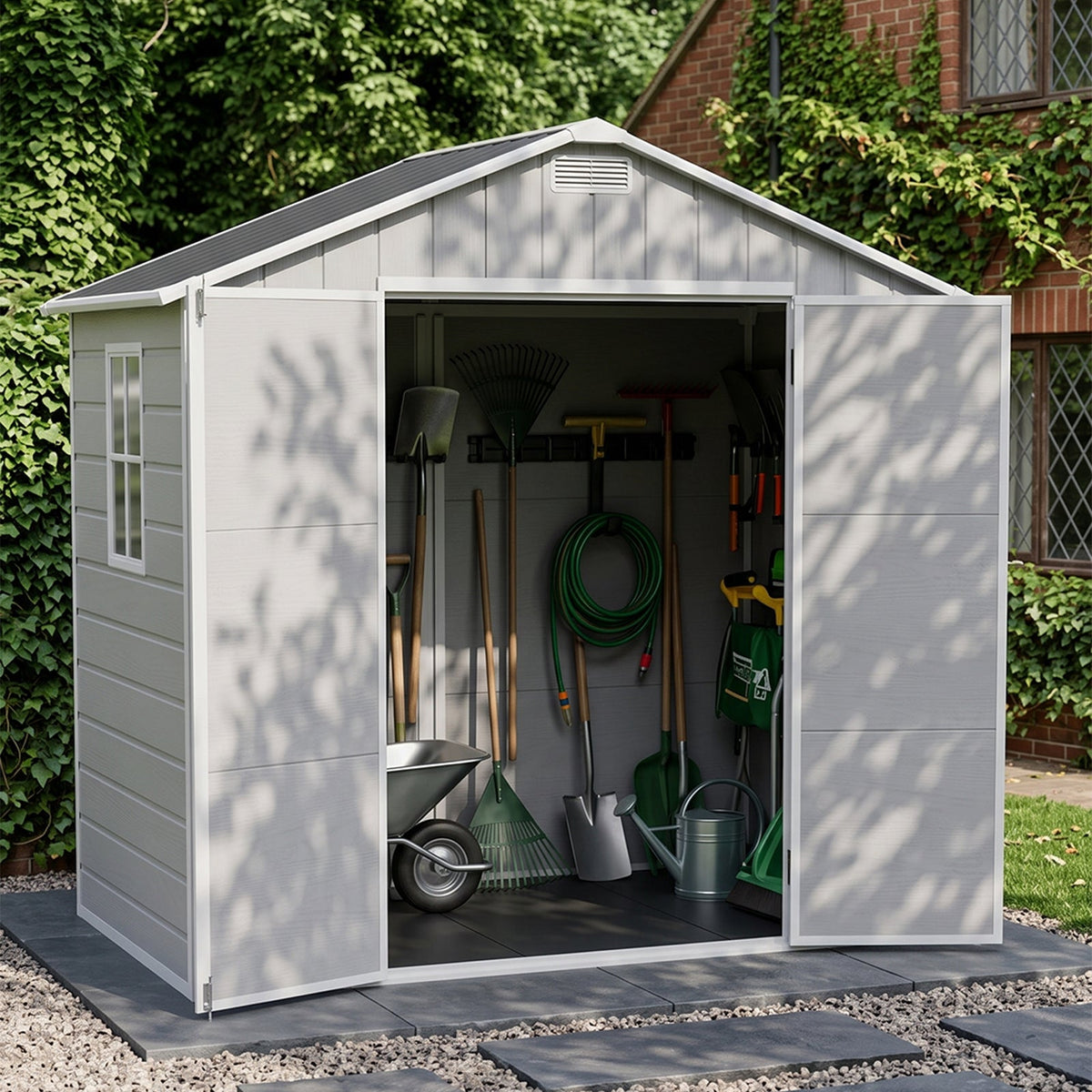 Plastic garden storage shed with apex roof and lockable double doors, 8x4 feet, by Garden Sanctuary for outdoor organization.