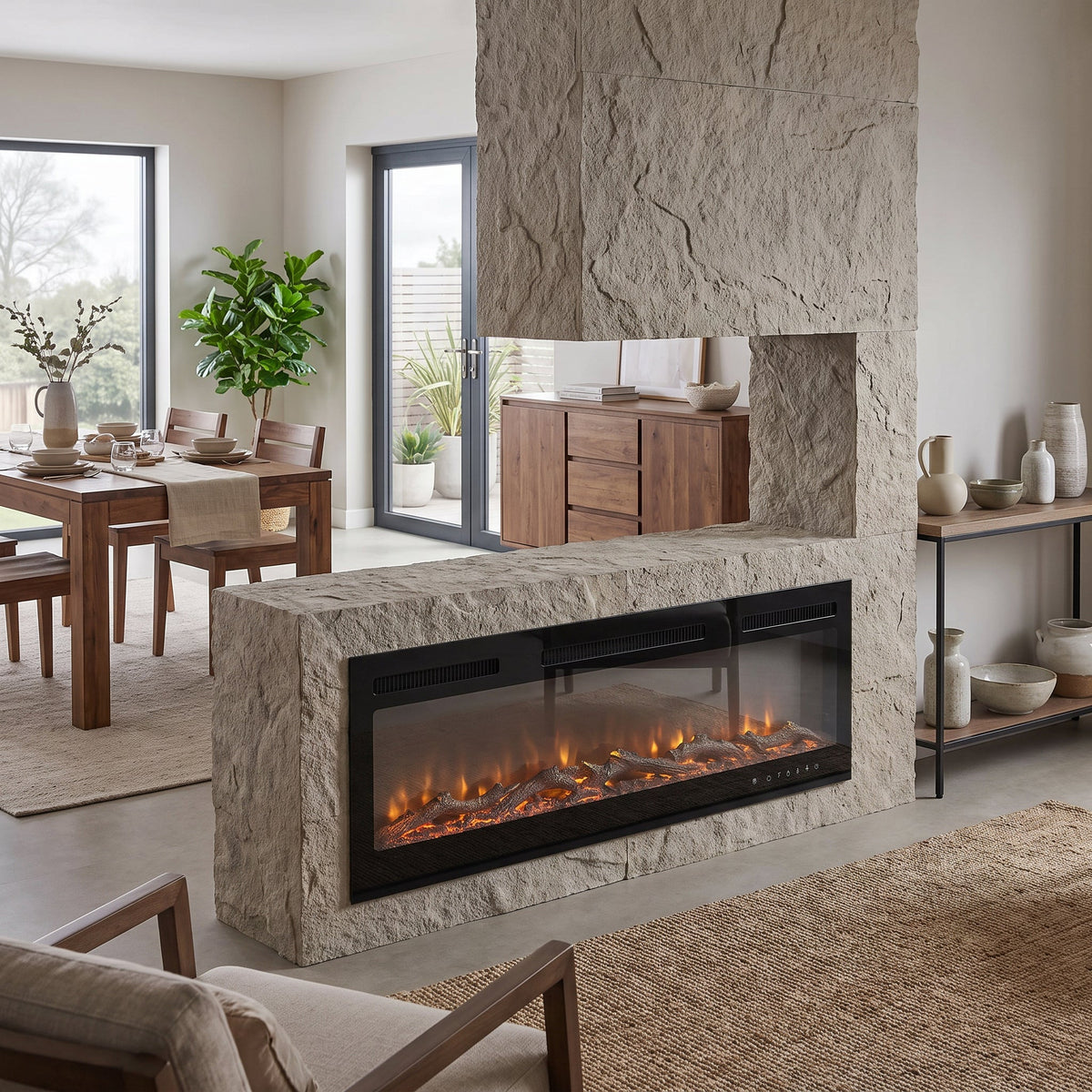 Garden Sanctuary 40-70 inch freestanding electric fireplace with realistic flames and 12 color options for cozy home ambiance.