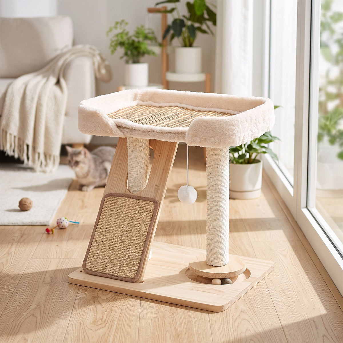 Garden Sanctuary cat tree with scratching posts, cozy platforms, and hanging toy for feline entertainment and exercise.