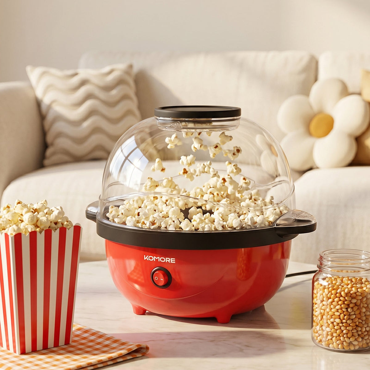 Garden Sanctuary 650W electric popcorn maker machine with heater, showing the compact design and metal popping chamber.