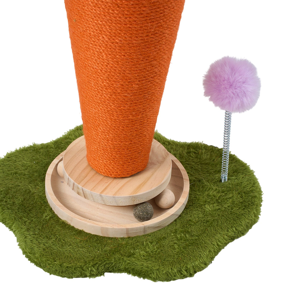 Garden Sanctuary carrot-shaped cat litter box with scratching post and turntable toy, designed for feline entertainment and comfort.