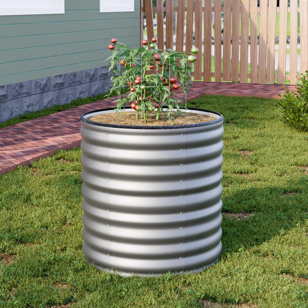 Silver galvanized steel raised garden bed, 80cm tall, from Garden Sanctuary, ideal for outdoor vegetable and flower gardening.