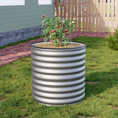 Silver galvanized steel raised garden bed, 80cm tall, from Garden Sanctuary, ideal for outdoor vegetable and flower gardening.