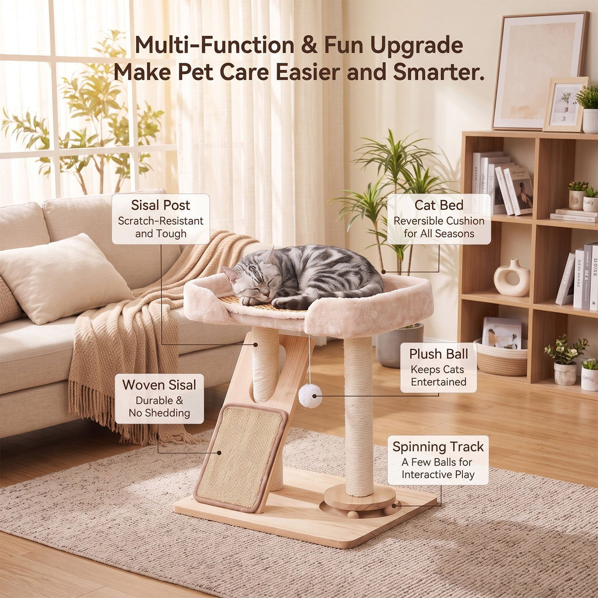 Garden Sanctuary cat tree with scratching posts and hanging toy, designed for feline play and climbing fun.