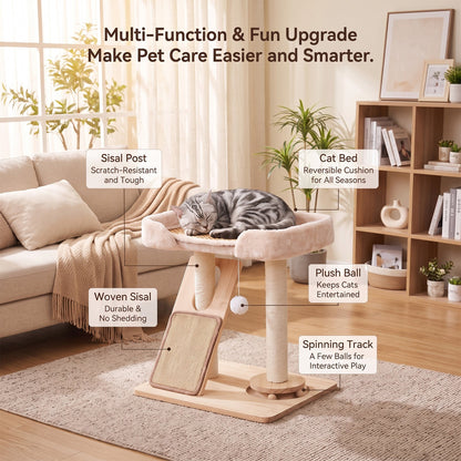 Garden Sanctuary cat tree with scratching posts and hanging toy, designed for feline play and climbing fun.