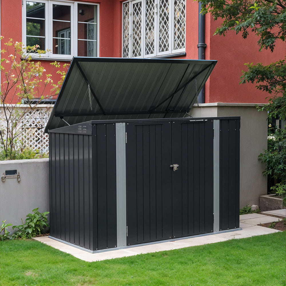 Garden Sanctuary outdoor storage shed for rubbish bin, weatherproof garden shed designed for waste bin storage, with a secure door.