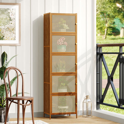 Garden Sanctuary narrow bookcase storage cabinet with doors, featuring a sleek design and ample interior shelving for organization.