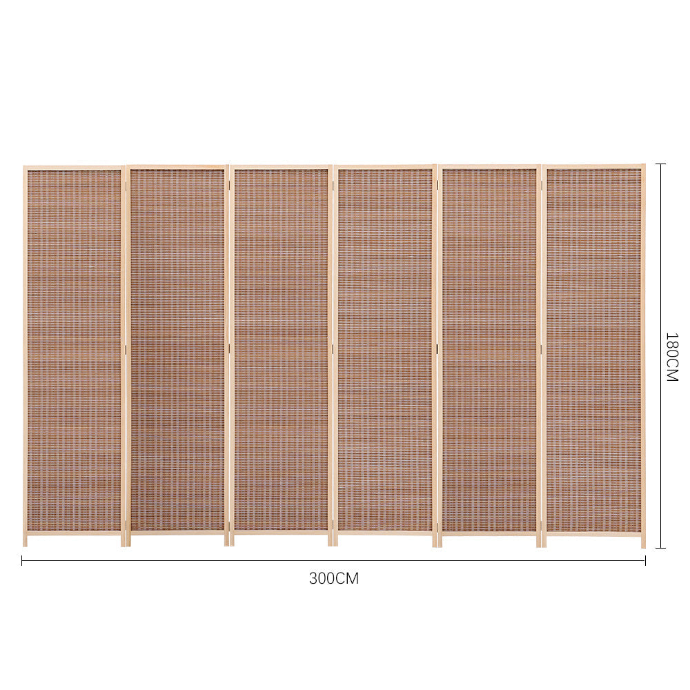 Brown bamboo woven 6-panel folding room divider by Garden Sanctuary, with natural bamboo texture and flexible folding design.