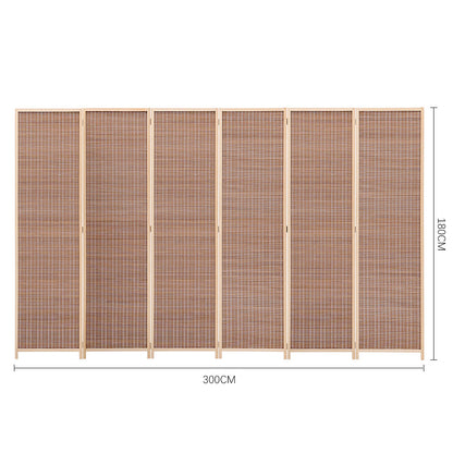 Brown bamboo woven 6-panel folding room divider by Garden Sanctuary, with natural bamboo texture and flexible folding design.