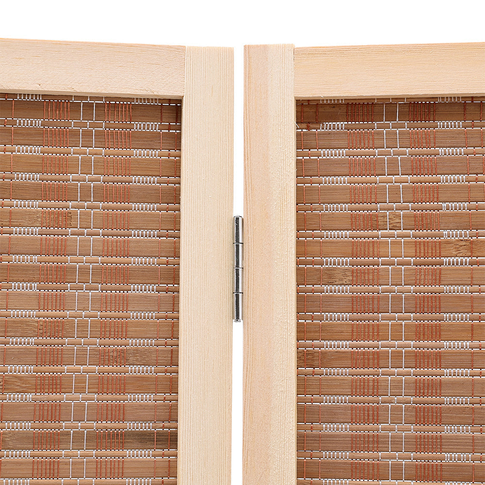 Brown bamboo woven 6-panel folding room divider from Garden Sanctuary, showcasing natural bamboo panels and folding design.