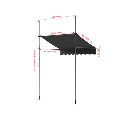 Garden Sanctuary retractable awning with adjustable support poles extending from a building for shade and outdoor comfort.