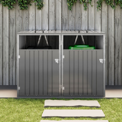 Garden Sanctuary 5x4 ft metal double bin storage shed with sturdy steel construction and double doors for outdoor organization.