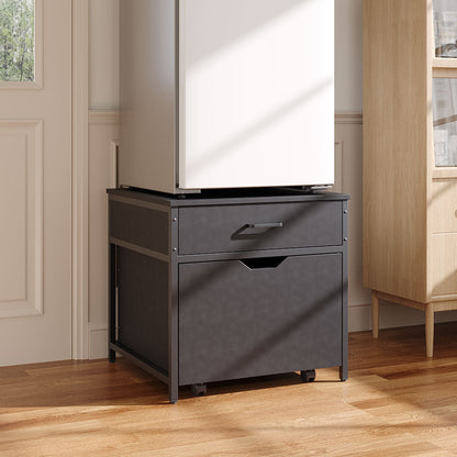 Garden Sanctuary mini fridge stand with storage shelves, sturdy black metal frame and space for organizing kitchen or office appliances.