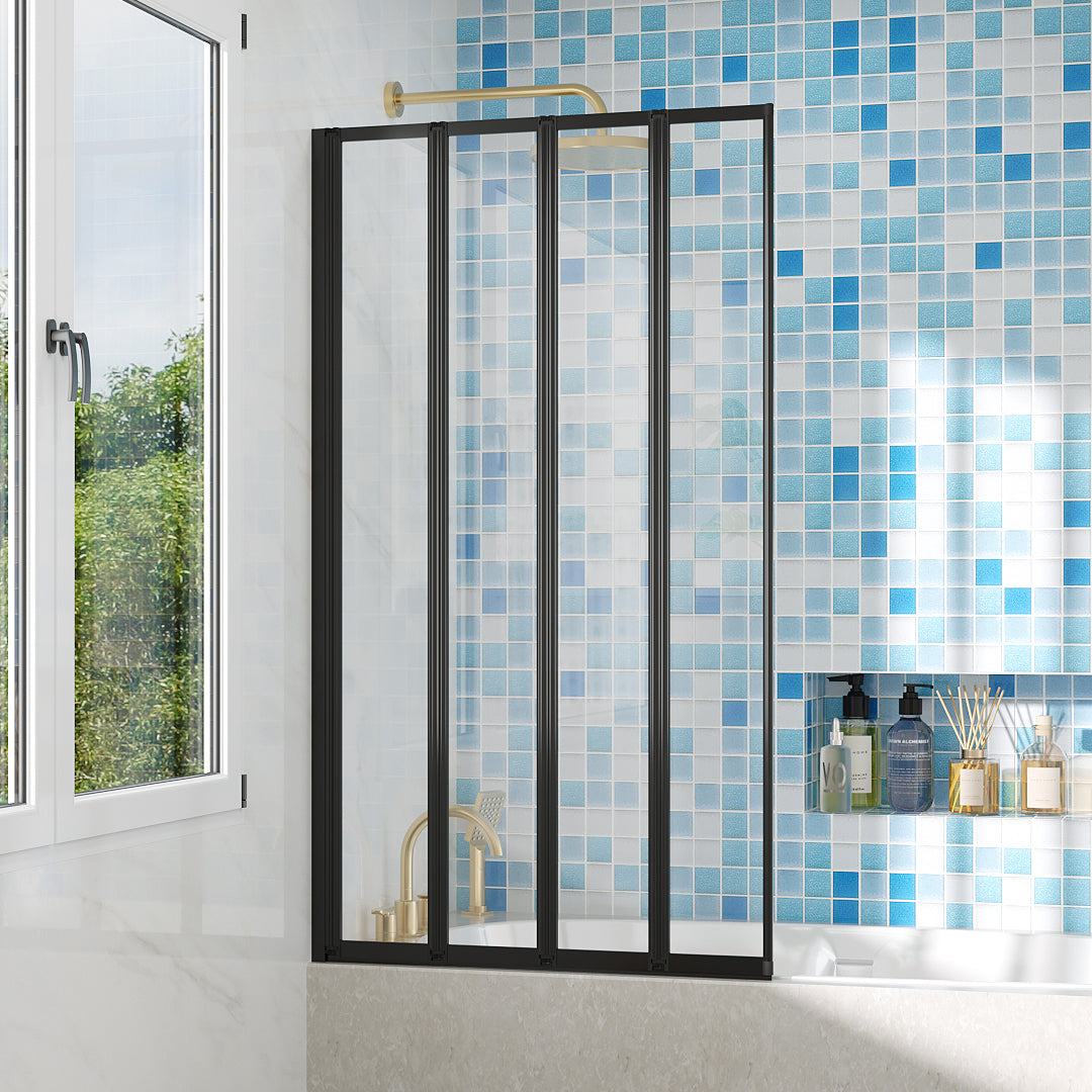 Garden Sanctuary 4 Panel Folding Over Bath Shower Screen showing clear glass panels and silver hinges for a modern bathroom setup