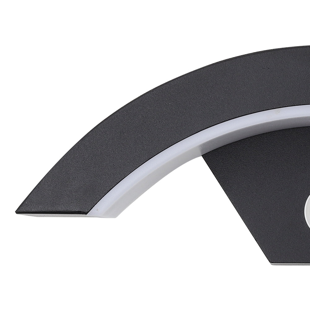 Modern black LED curved outdoor wall light by Garden Sanctuary, designed for stylish outdoor illumination and energy efficiency.