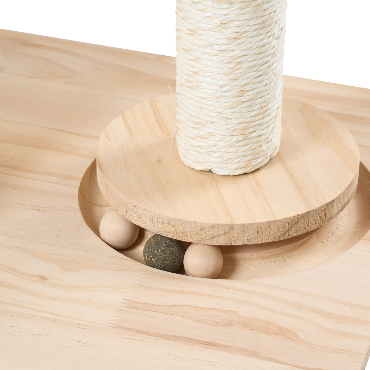 Garden Sanctuary cat tree with scratching posts and hanging toy, providing a fun climbing and scratching space for cats.