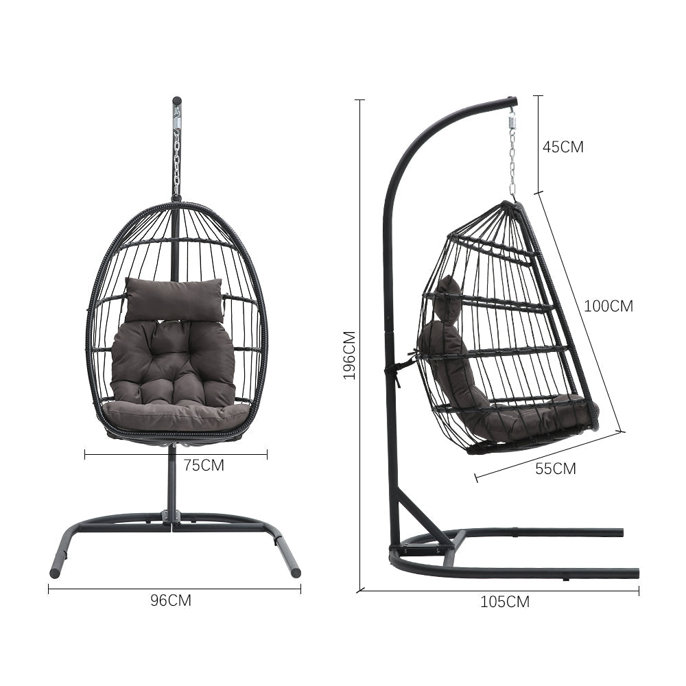 Garden Sanctuary outdoor hanging egg-shaped chair with stand, cozy design ideal for relaxing outdoors.