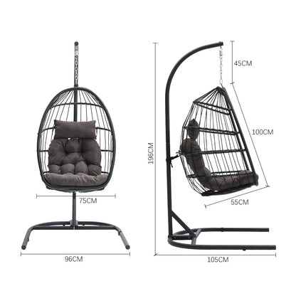 Garden Sanctuary outdoor hanging egg-shaped chair with stand, cozy design ideal for relaxing outdoors.