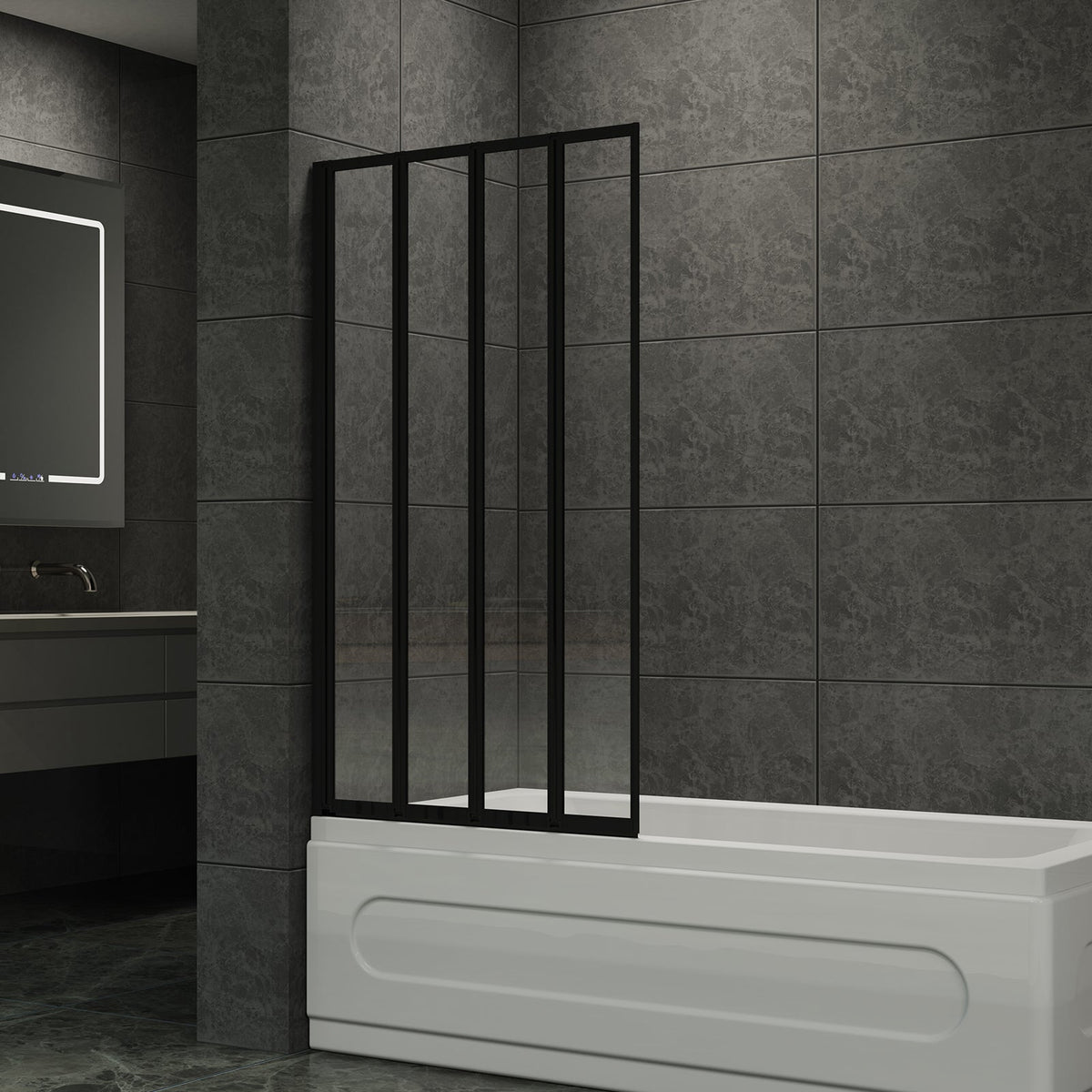 Four-panel folding over bath shower screen by Garden Sanctuary showing clear glass panels and metal hinges for easy access
