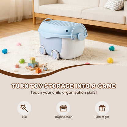 Dolphin-shaped toy storage box on wheels from Garden Sanctuary, colorful plastic storage container for kids' toys and organization.