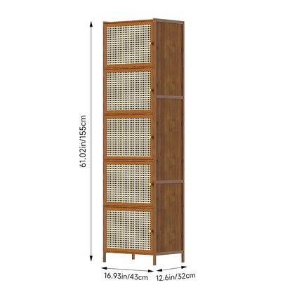Garden Sanctuary narrow bookcase storage cabinet with doors, featuring a sleek wooden finish and multiple shelving compartments.