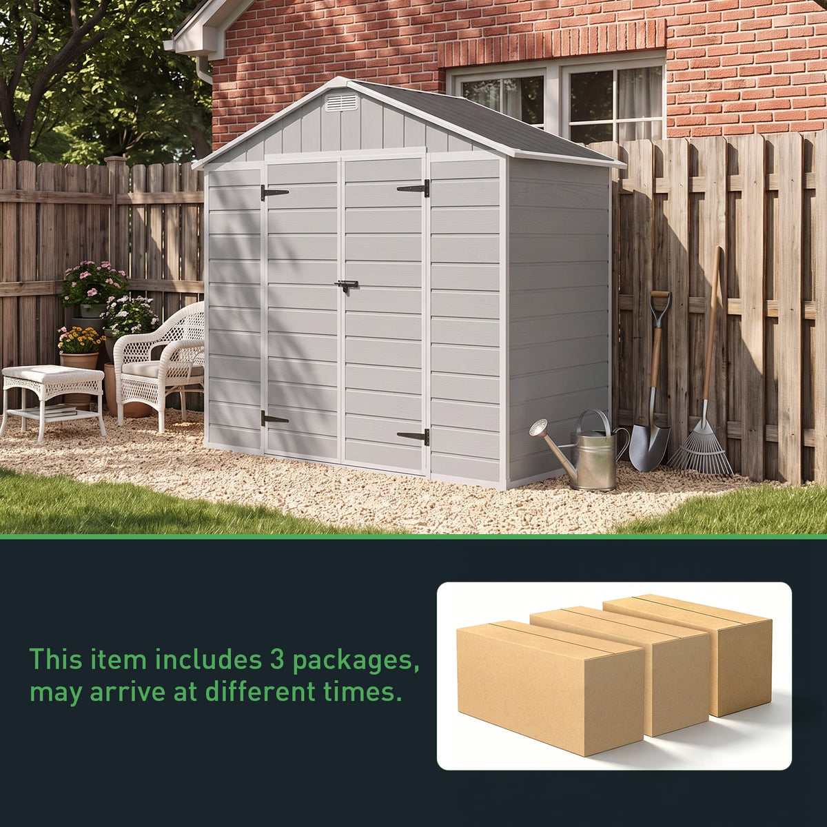 Plastic garden storage shed with apex roof, lockable double doors, 8x4 ft size, by Garden Sanctuary, suitable for outdoor storage.