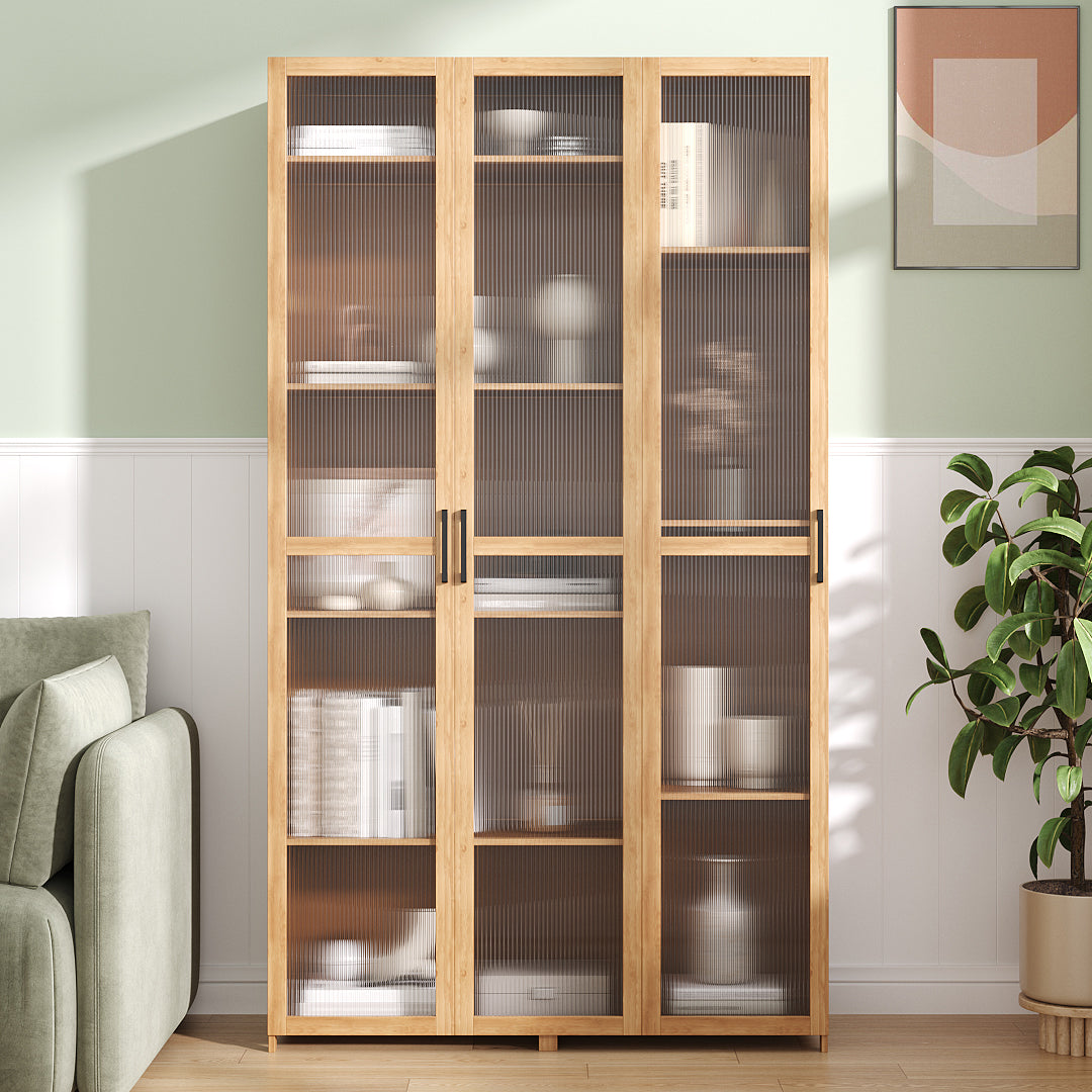 Garden Sanctuary storage cabinet with clear acrylic doors, featuring a sleek wooden frame and spacious interior for organization.
