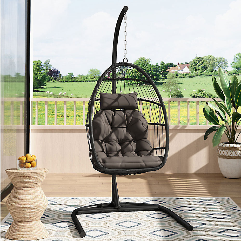 Garden Sanctuary outdoor hanging egg-shaped chair made of durable weather-resistant material, perfect for relaxing outside.