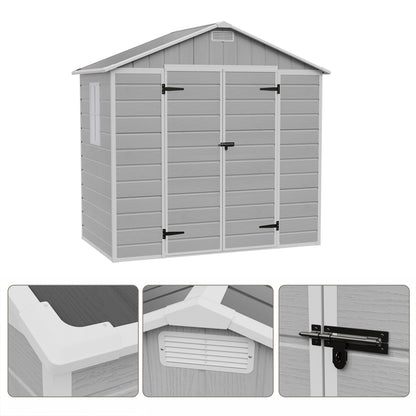 Plastic garden storage shed with apex roof and lockable double doors, 8x4 ft, by Garden Sanctuary, shown with open doors and outdoor setting.