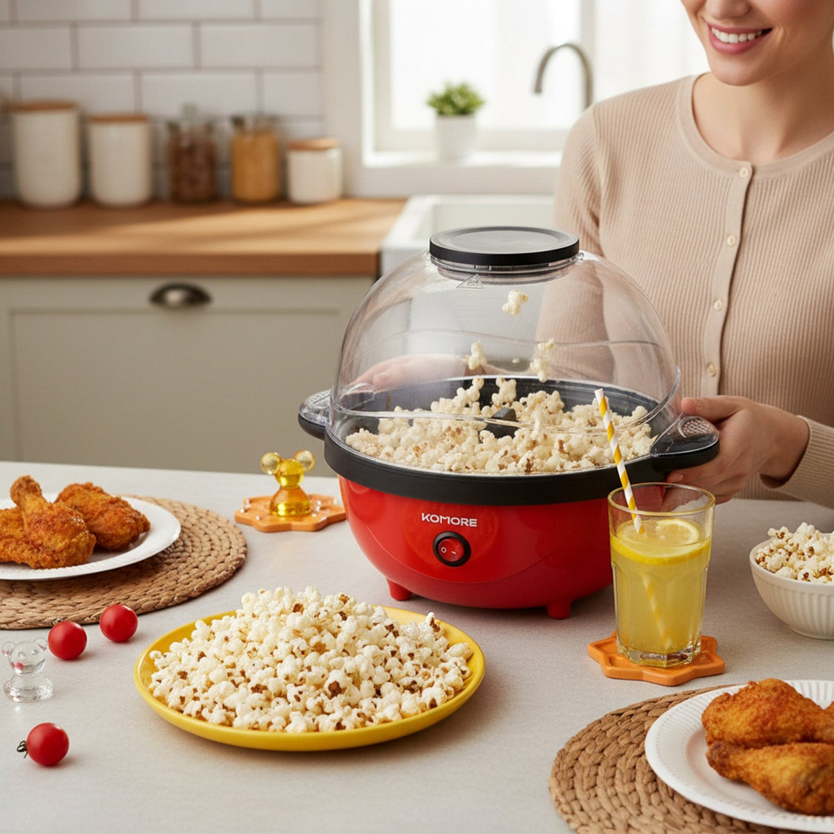 Garden Sanctuary 650W electric popcorn maker machine with heater, showing the sleek appliance and popcorn popping inside.