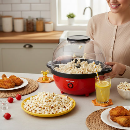 Garden Sanctuary 650W electric popcorn maker machine with heater, showing the sleek appliance and popcorn popping inside.