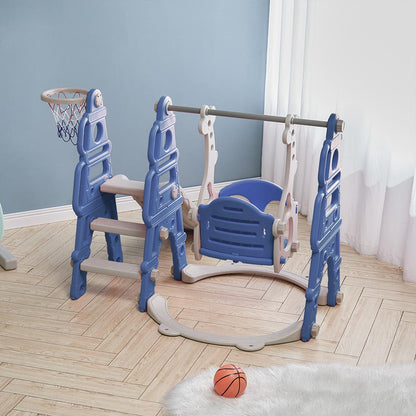 Blue and pink kids toddler swing and slide set with basketball hoop, Garden Sanctuary baby toys and activity equipment for active play