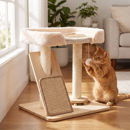 Garden Sanctuary cat tree with scratching posts and hanging toy, designed for climbing and play, perfect for indoor cats.