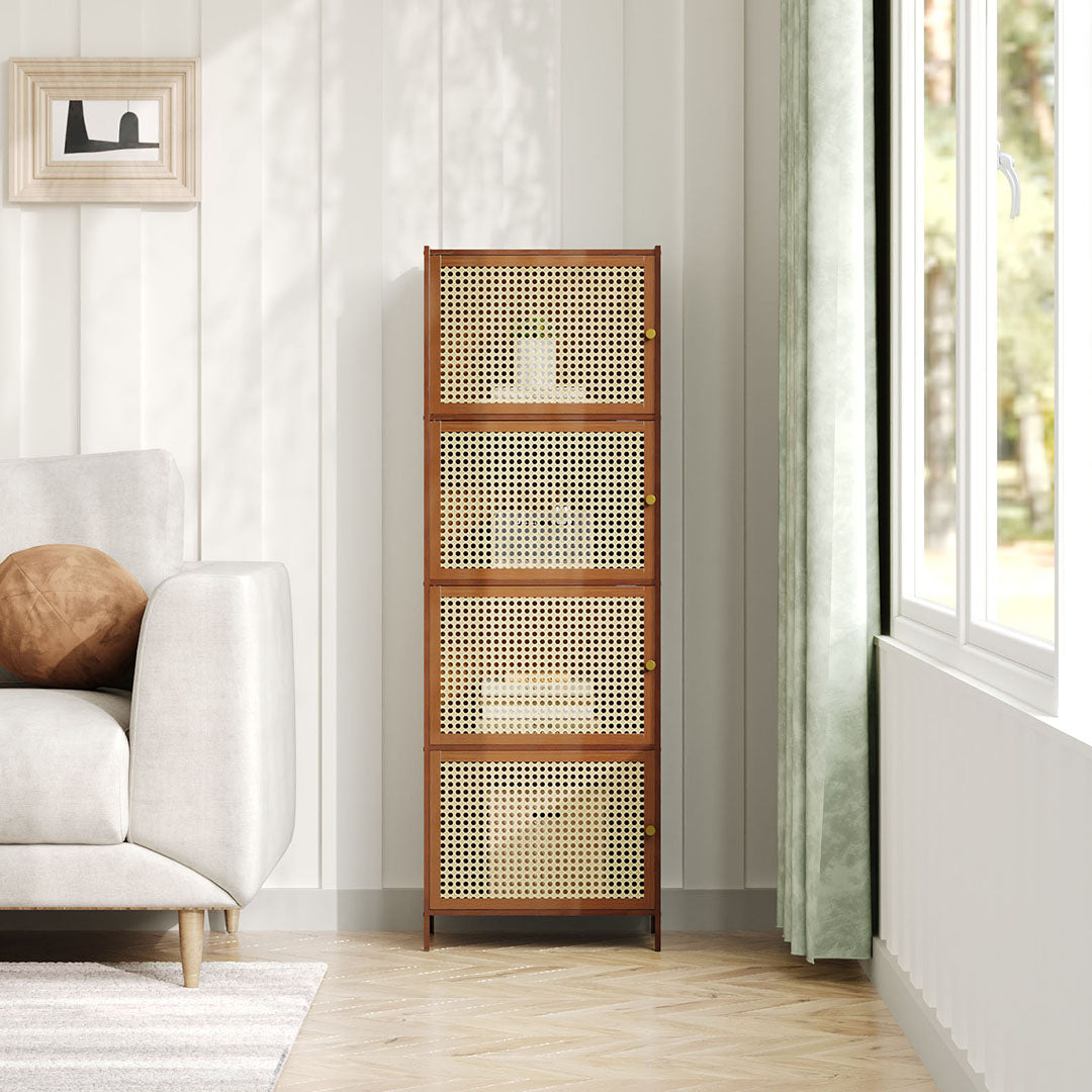 Garden Sanctuary narrow bookcase storage cabinet with doors, featuring multiple shelves and a sleek, compact design for organized living space.