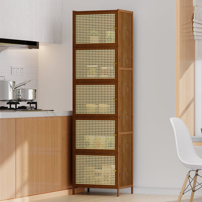 Garden Sanctuary narrow bookcase storage cabinet with doors, featuring a sleek wooden finish and multiple shelves for organization.