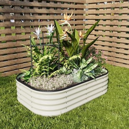 Galvanized steel raised garden bed by Garden Sanctuary for outdoor gardening and storage, with a sturdy rectangular design.
