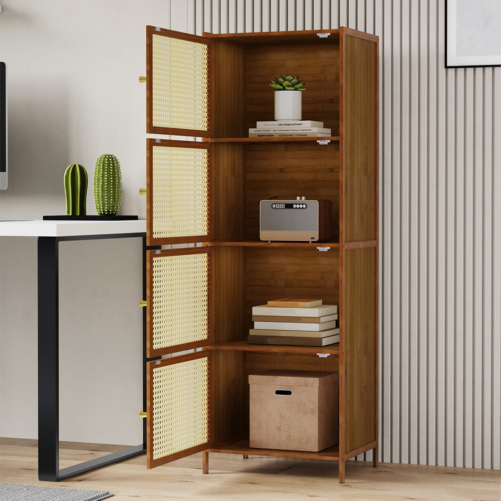 Garden Sanctuary narrow bookcase storage cabinet with doors, featuring multiple shelves for organized home or office storage.