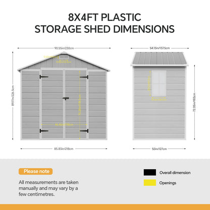 Plastic garden storage shed with apex roof and lockable double doors, 8x4 ft, by Garden Sanctuary, ideal for outdoor storage.