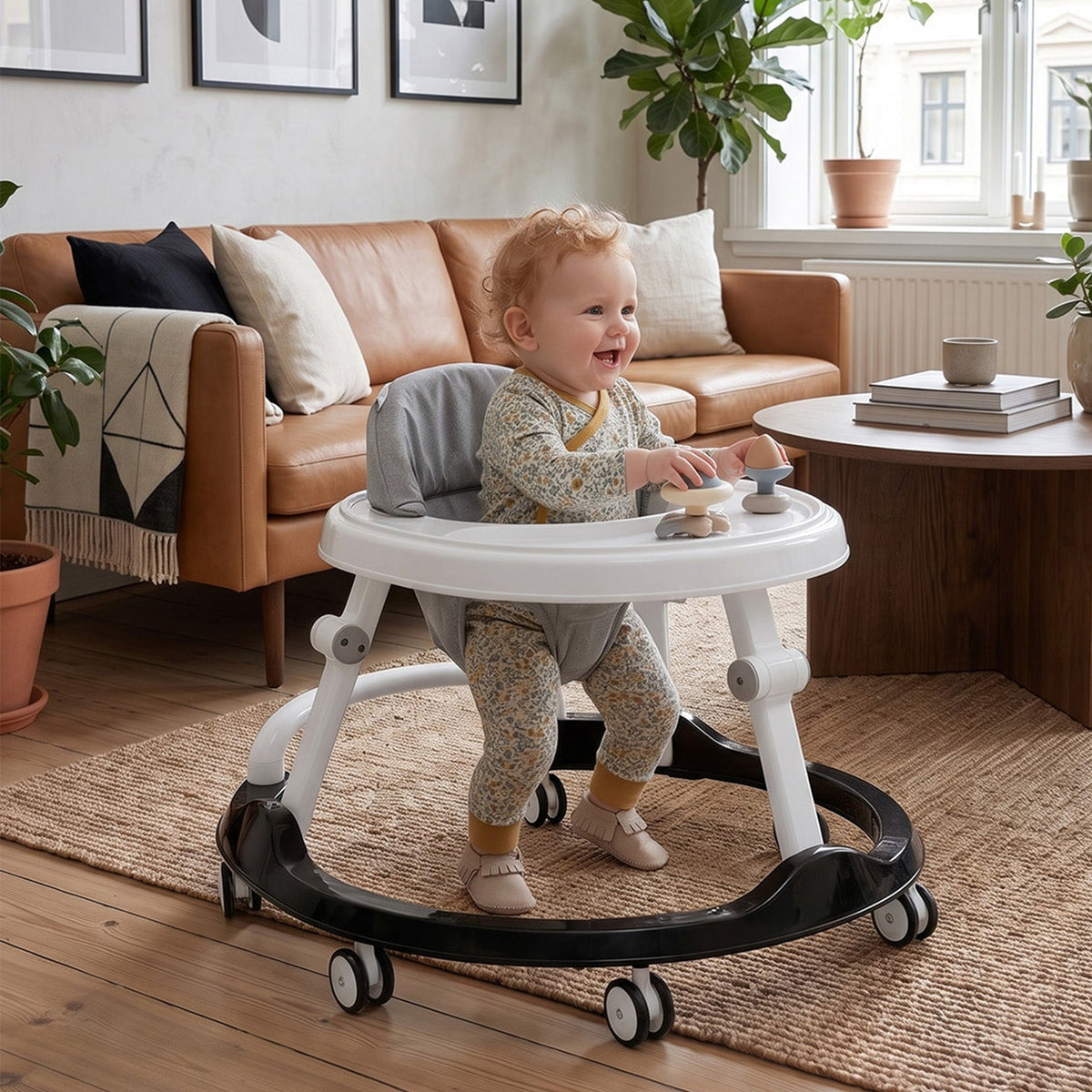 Garden Sanctuary foldable and adjustable baby walker in a rocking chair design, with a sturdy frame and soft cushioned seat.