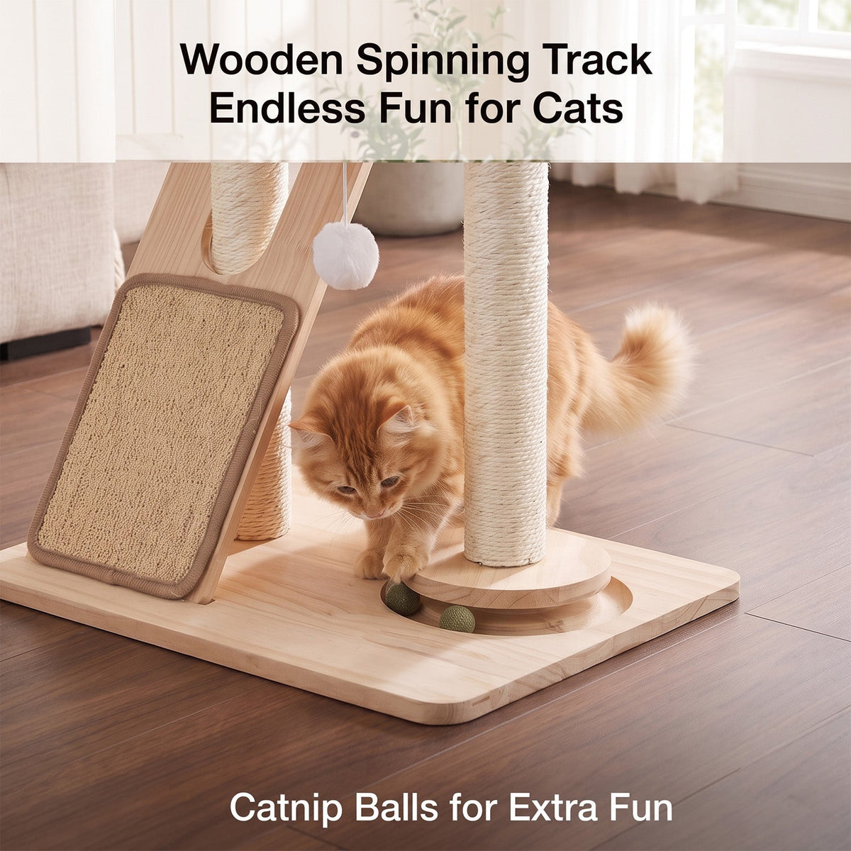 Garden Sanctuary cat tree with scratching posts and hanging toy, ideal for purring cats to climb, scratch, and play.