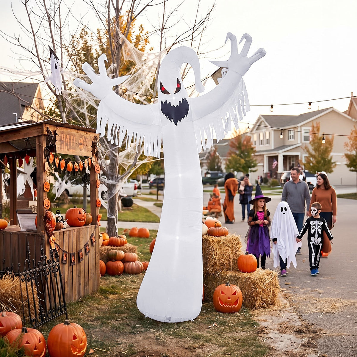 Garden Sanctuary 9 FT Halloween inflatable ghost decoration with LED lights, featuring a spooky ghost figure for outdoor Halloween decor.
