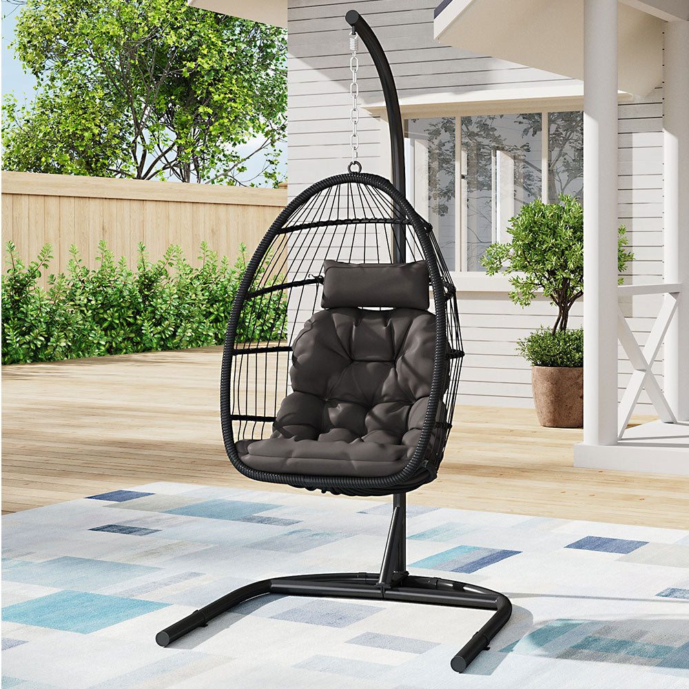 Garden Sanctuary outdoor hanging egg-shaped chair perfect for relaxing in garden or patio, featuring a sturdy hanging design.