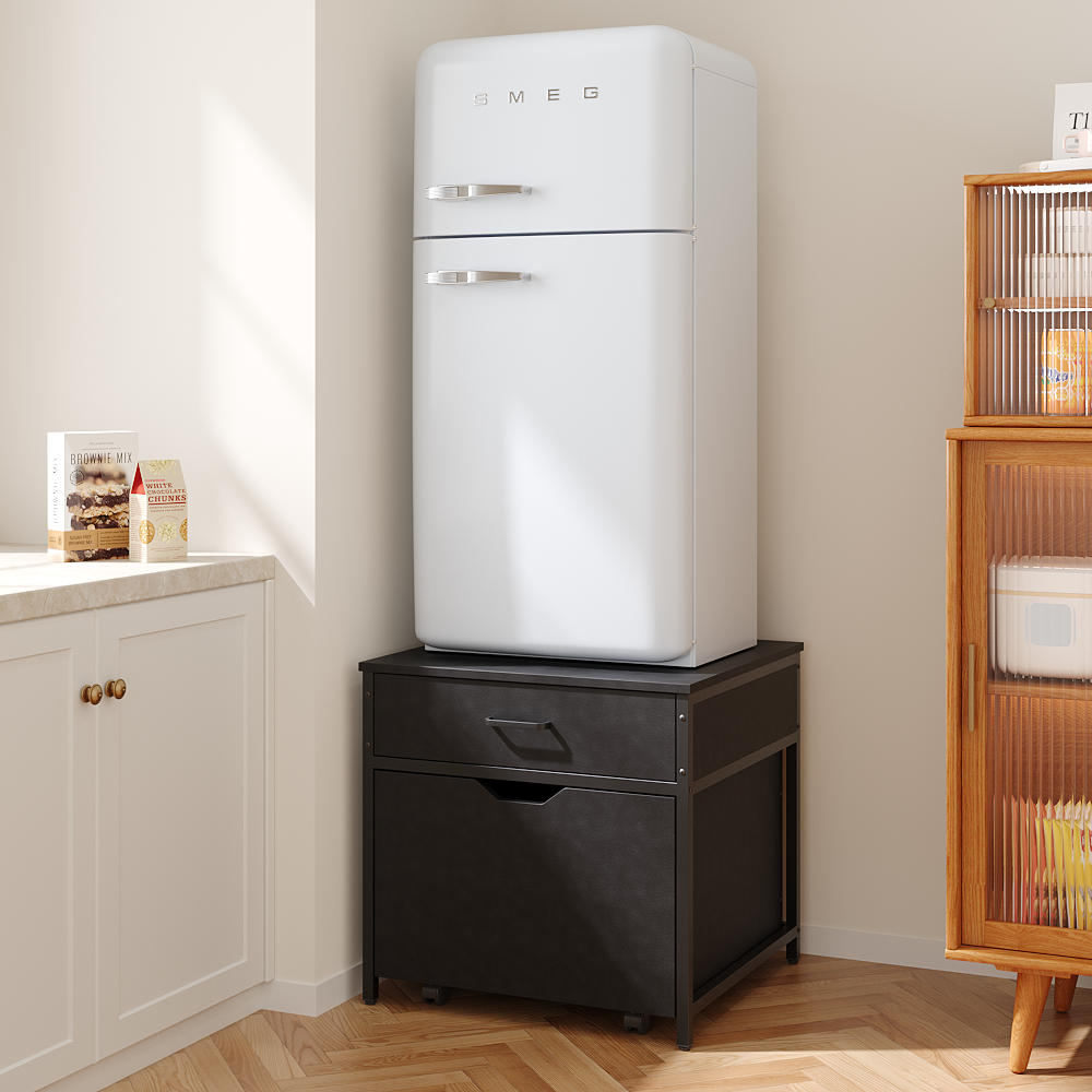 Garden Sanctuary mini fridge stand with storage shelves, sturdy frame, and compact design for kitchen or office use.